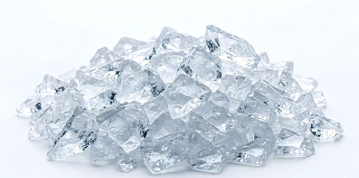 Pile of jagged translucent ice shards with small air bubbles, isolated on white background
