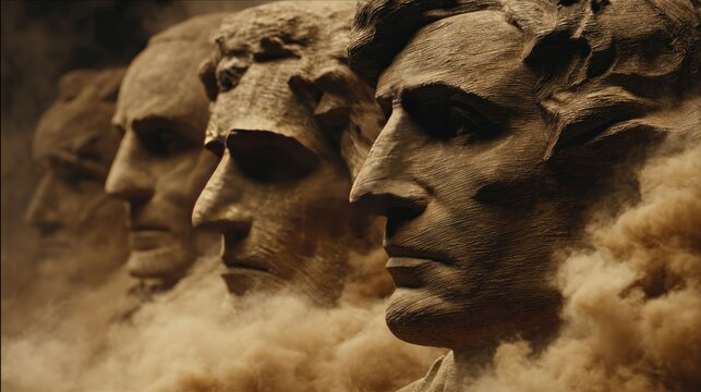 Mount rushmore granite sculptures of us presidents in golden light
