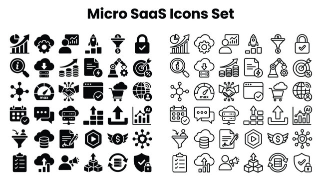 Micro SaaS Icons Set Features Various Business Technology Symbols