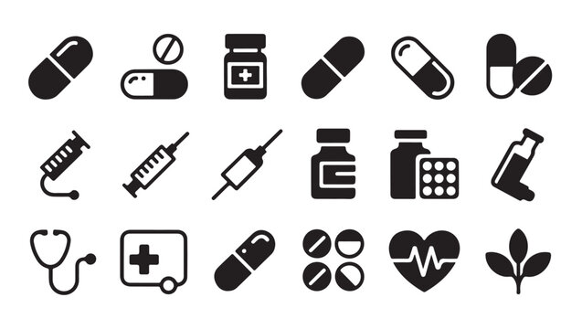 Medical supply set featuring medicine bottles syringes stethoscope and heartbeat icons.