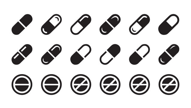 Black capsule and tablet icons set on transparent background for pharmaceutical design use.