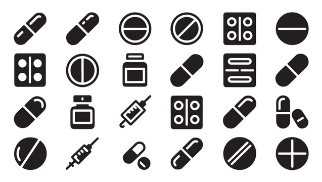 Set of medical icons for pharmacy and healthcare treatment and cure symbols.