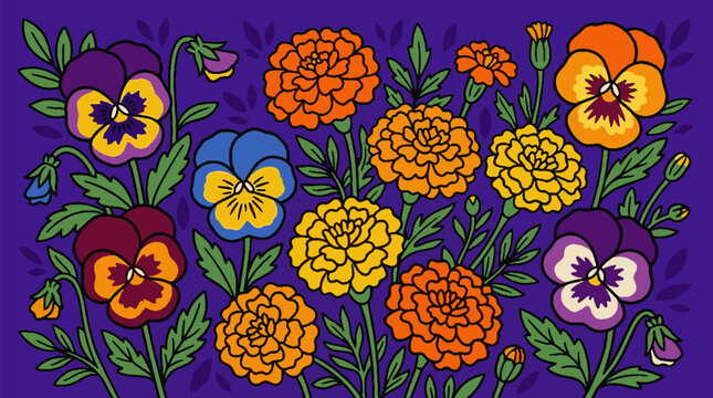 Colorful hand drawn illustration of pansies and marigolds on a dark purple background.