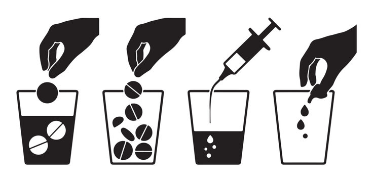Instructions for medical pill usage and liquid dosage preparation with syringe icons set.