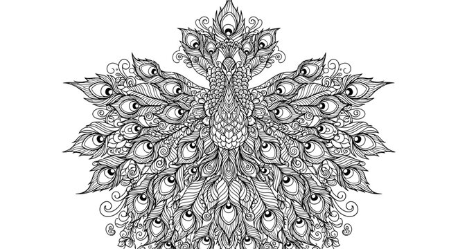 Intricate peacock feather zentangle pattern on white background.