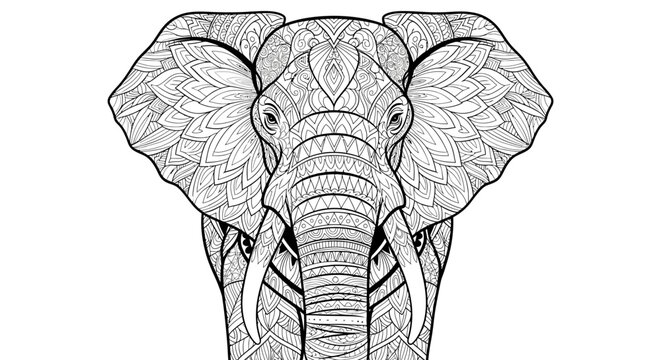 Intricate elephant head mandala style line art illustration