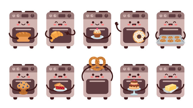 Cute Cartoon Ovens Baking Assorted Goods - Flat Vector Illustration for Food and Kitchen Industry