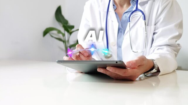 Doctor leveraging artificial intelligence on a tablet for advanced medical diagnosis and patient data analysis, showcasing the future of healthcare technology and medicine