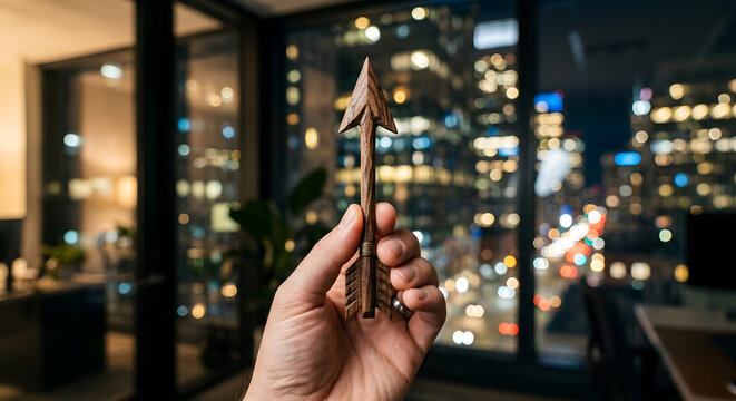 Hand holding a wooden arrow against a city skyline. Generative AI.