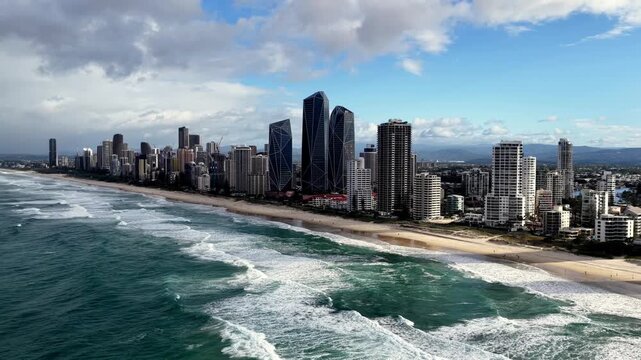 South of Gold Coast pacific ocean waterfront modern urban high-rise towers from sea.