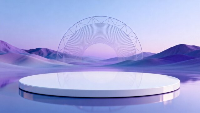 Abstract landscape with circular platform and geometric arch