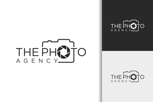 Modern Photography Agency Logo with Camera Outline and Aperture Shutter Icon, Minimal Creative Studio Vector Design.