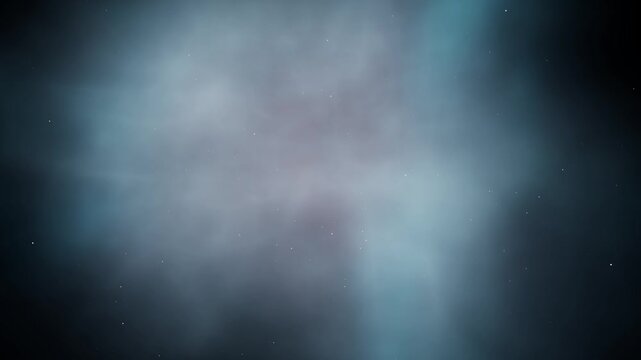 Pale blue and grey nebula clouds form a dense smoky cluster in a starry dark sky during a moody 3D animation background for sci-fi sequences