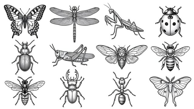 Detailed insects and bugs engraving vector illustration for coloring page layout
