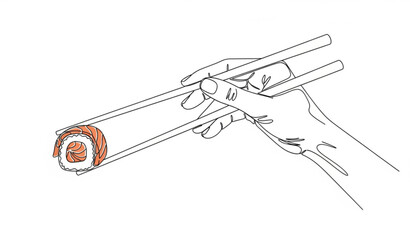 Minimalist Monoline Hand with Chopsticks Holding Salmon Maki Sushi Vector Illustration © ajgar