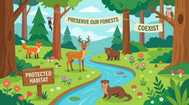 A colorful cartoon illustration of a diverse forest ecosystem with various wild animals, a winding river, and signs promoting forest preservation and coexistence.