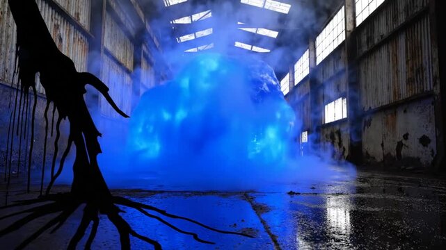 Mysterious glowing blue orb erupts in abandoned warehouse, atmospheric cinematic sci-fi fantasy scene