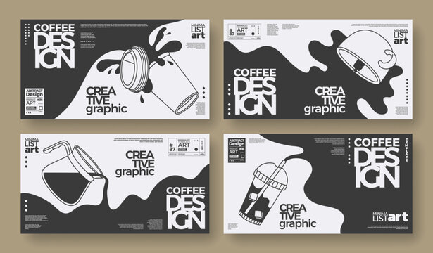 Coffee concept design. Outline horizontal banners set of coffee pot, paper cup and lid, cup, plastic beaker. Abstract templates with spilling, flowing coffee. Minimal design for wall art, coffeeshop