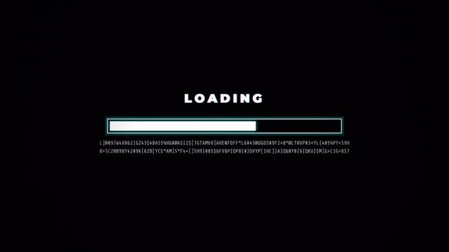 Glitchy loading screen with progress bar and scrolling digital code, futuristic system data processing interface 4k video