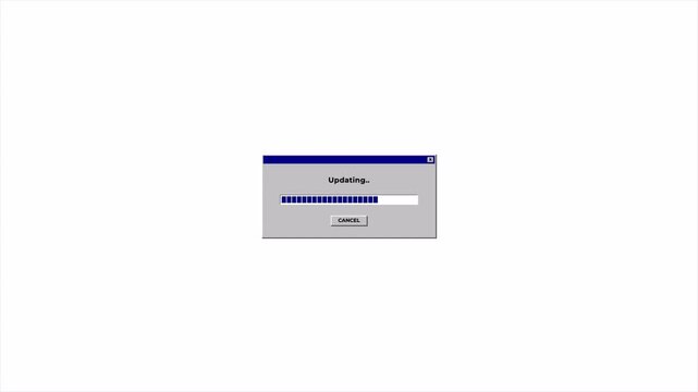 Vintage operating system update dialog box with glitchy loading bar, retro computer software interface 4k video