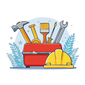 Red toolbox filled with tools and a hard hat