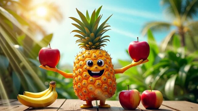 Cartoon pineapple character with a big smile holds two red apples in each hand, surrounded by bananas and apples on a wooden table in a tropical garden setting