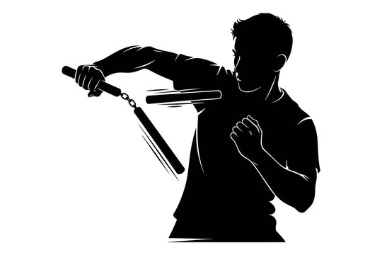 Martial arts silhouette a dynamic figure wielding nunchaku with intense focus and power