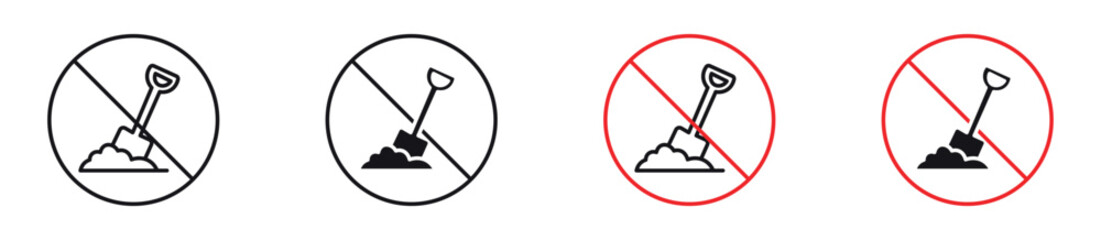 No Digging icon set. Prohibited excavation sign with shovel and restriction symbol. Construction safety, restricted area and warning regulation concept. Vector illustration. © Icon Atelier