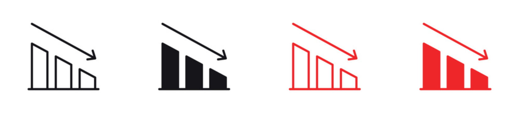 Declining Graph icon set. Downward trend chart with falling arrow. Business loss, financial decrease and performance decline concept. Vector illustration.