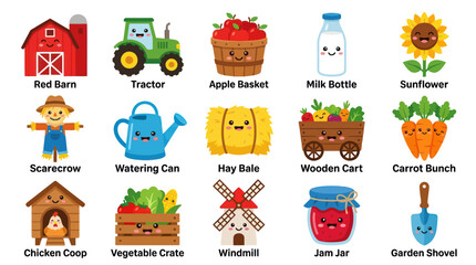 Fototapeta premium Cute Cartoon Farm Agriculture Elements Set - Flat Vector Icons for Rural Life and Farming
