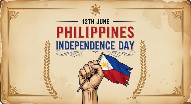Philippines independence day 12th june celebration poster with a hand holding the national flag
