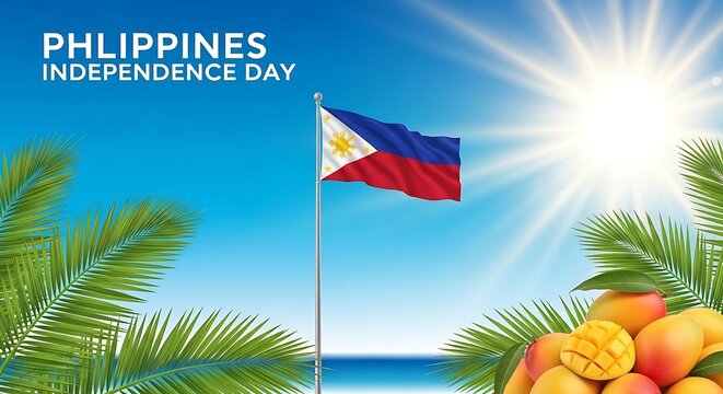Philippines independence day celebration with national flag, tropical palm leaves and mangoes on sunny beach background