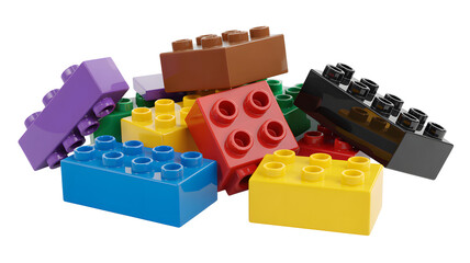 Fototapeta premium A pile of colorful plastic building blocks on a white background