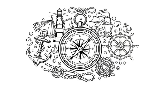 Nautical illustration with compass lighthouse anchors rope ship wheel vector