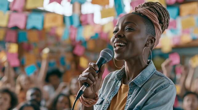 Diverse neighborhood organizer passionately speaking into a handheld microphone while blurred residents raise colorful sticky notes in a sunlit community hall filled with handmade