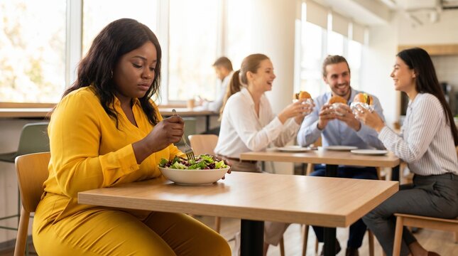 Sad isolated plus-size African American woman eating salad alone while slim colleagues socialize over burgers in office cafeteria, workplace exclusion and diet concept