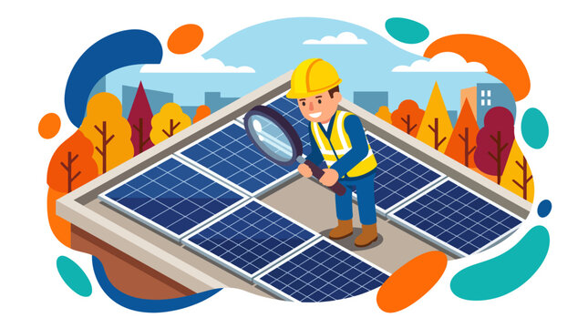 Engineer Inspecting Solar Panels on a Rooftop for Renewable Energy.