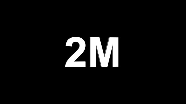 Glowing colorful light text 2m number. glowing sign effect fluorescent text for social media follower subscription motion.