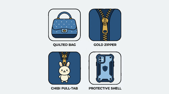 Vector illustration set of fashion accessories including quilted bag gold zipper chibi pull tab and protective shell.