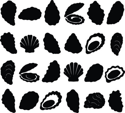 Oyster and Seashell Silhouette Vector Set for Seafood Logo, Ocean Restaurant Menu, Shellfish Packaging, Beach Sticker, Coastal Decor and Marine Pattern