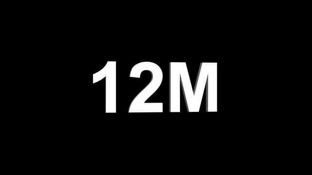 Glowing colorful light text 12m number. glowing sign effect fluorescent text for social media follower subscription motion.