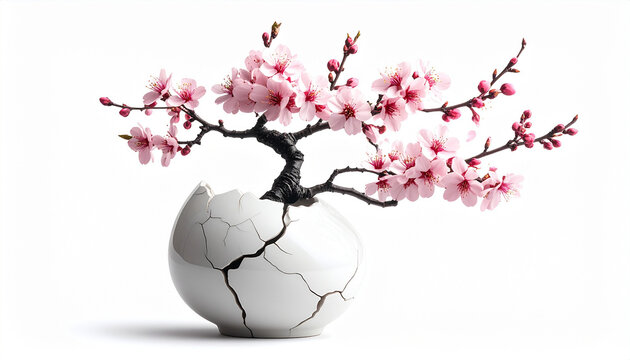 Pink cherry blossoms in white cracked vase