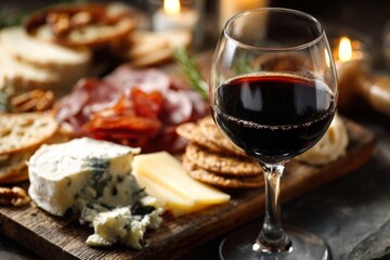 Naklejka premium Gathering With Red Wine, Cheese, and Charcuterie on a Wooden Board in a Cozy Setting During Evening Hours Generative AI