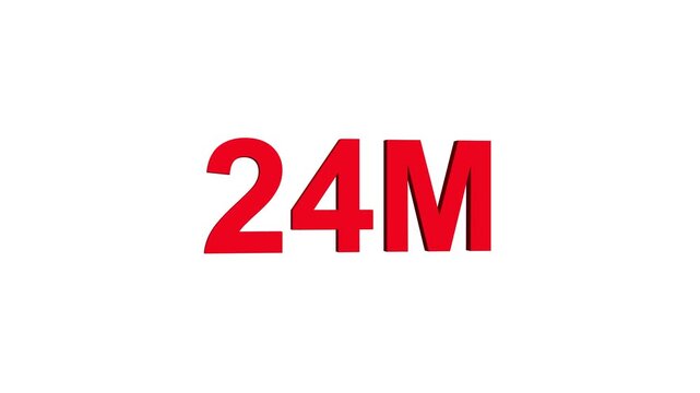 Glowing colorful light text 24m number. glowing sign effect fluorescent text for social media follower subscription motion.