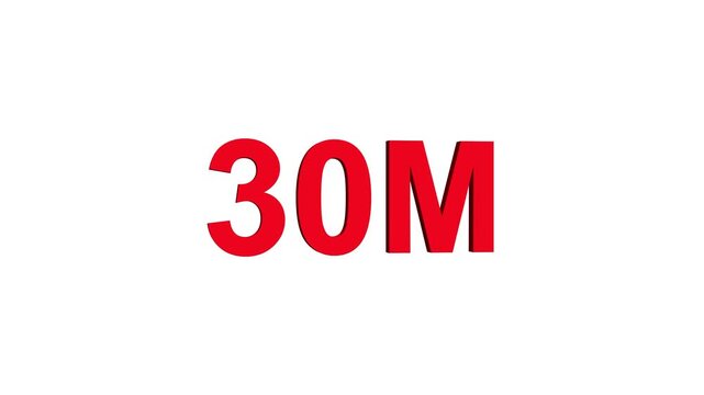 Glowing colorful light text 30m number. glowing sign effect fluorescent text for social media follower subscription motion.