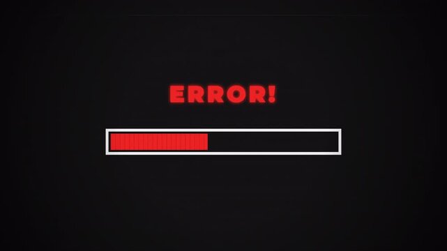 Loading progress bar animation interrupted by digital glitch and system error screen, computer failure graphic 4k video