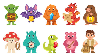 Fototapeta premium Cute Flat Cartoon Adventure and Fantasy Characters Vector Set for Treasure Hunt and Exploration Themes
