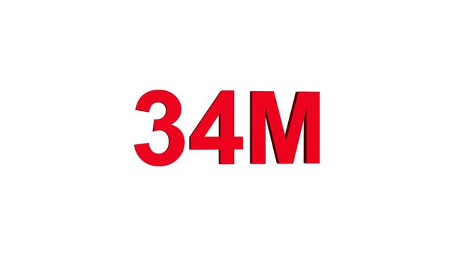 Glowing colorful light text 34m number. glowing sign effect fluorescent text for social media follower subscription motion.