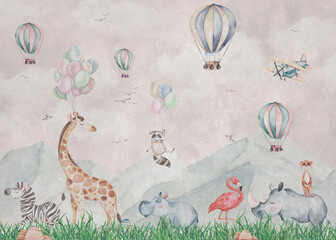 children's wallpaper, watercolor drawing, animals, landscape, fresco, mural © ARtfoli