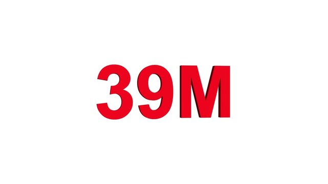Glowing colorful light text 39m number. glowing sign effect fluorescent text for social media follower subscription motion.
